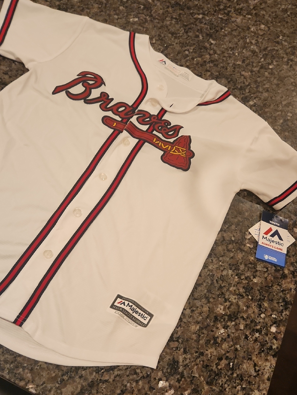 Majestic White Atlanta Braves Button-Up Jersey with Red and Navy Trim